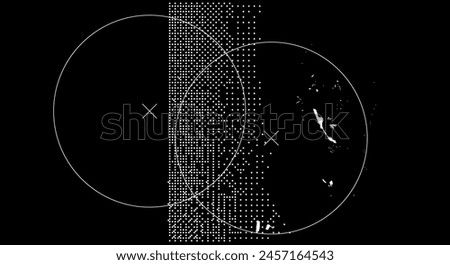 Abstract background with pixel art distorted patern and two overlapping circles. Neo cyber grunge style.