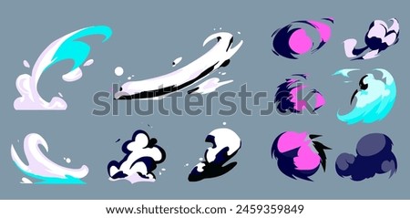 Big set of visual vector cartoon effects of splash of liquid or smoke, perfect for animation design, illustration, carton, anime, CG game art, tactical design, etc.