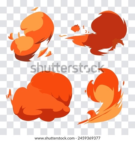 Set of manga visual vector cartoon effects of orange smoke and dust clouds. Perfect for animation, anime CG game art, tactical design, etc.