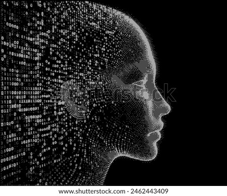 Silhouette of a human head created from pixel particles. Conceptual image of  Deep Learning and Face recognition systems.