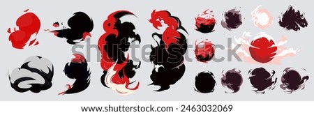 Big set of manga visual vector cartoon effects of smoke and fire blast in red and black colors. Perfect for animation design, anime CG game art, etc.