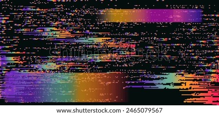 A visual representation of a broken glitchy VHS screen with vast vivid holographic stripes all over the image. Vector abstract illustration.