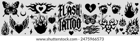 Set of emocore Y2K style flash tattoos with trendy graphic images of flames, ornaments, hearts, butterflies and other designs.