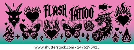 A set of tribal style flash tattoos with trendy graphic images of flames, ornaments, hearts, butterflies, goat and dragon heads and other designs.