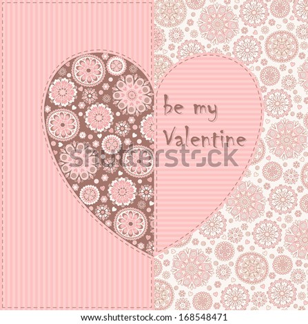Card with flower pink and brown heart on pink stripes and beige flowers. Vector background.