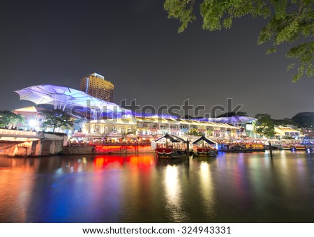CLARKE QUAY, SINGAPORE - AUGUST 23: Night view of Clarke Quay at river valley road Singapore On August 23, 2015.Clarke quay is a historical riverside quay located at  the Singapore river planning area