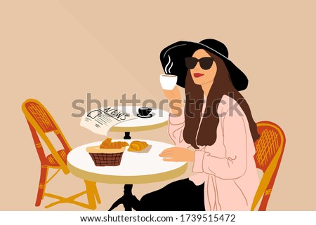 Vector illustration of an elegant woman enjoying coffee at the cafe terrace. French style concept and way of life in Paris