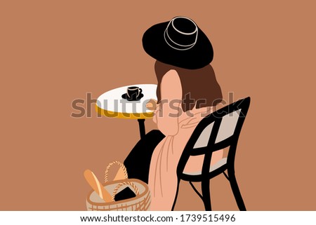 Vector illustration of an elegant woman enjoying coffee at the cafe terrace. French style concept and way of life in Paris