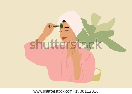 Beautiful woman in pink bathrobe with facial massage roller doing anti-age massage. Beauty routine and wellness. Vector illustration
