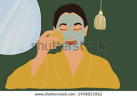 Pretty woman washes off the mask with a sponge from the face in yellow bathrobe. Clean and beauty skincare routine. Anti-age. Vector Illustration.