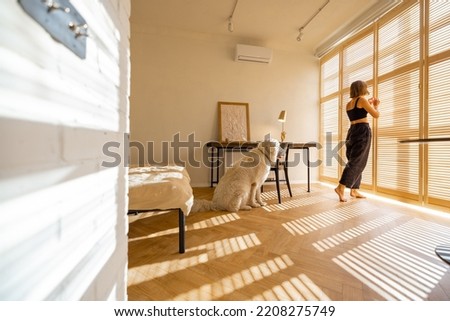 Young woman stands with her dog by the window blinds and looks away in cozy and sunny living room of modern apartment in beige tones. Quarantine, loneliness and life at home concept Foto stock © 