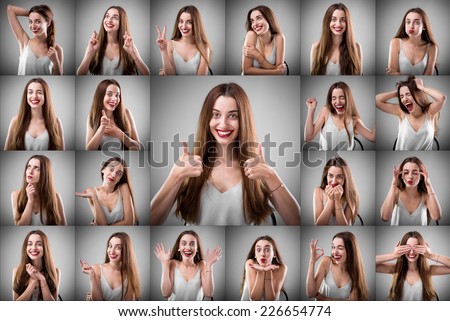 Collage of beautiful woman with different happy facial expressions on grey background