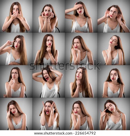 Collage of beautiful woman with different sad facial expressions on grey background