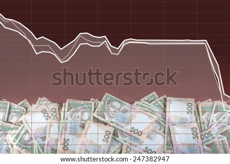 Pile of ukrainian money with exchange rate schedule on black background