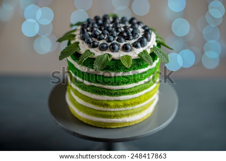 Nice sponge happy birthday cake with mascarpone and grapes on the cake stand on festive light bokeh
