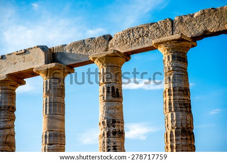 Architectural fragments of Poseidon temple in Sounion, Greece