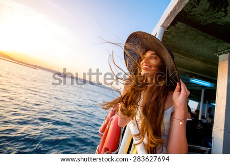 Similar – Image, Stock Photo Woman in hat enjoying view of mountains