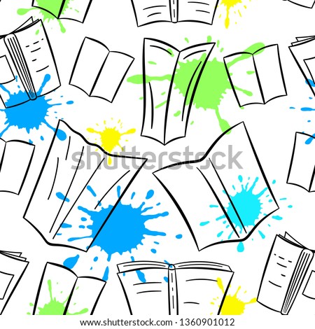 Seamless pattern with flying hand drawn books, magazines, leaflets, newspapers. Sketch style. Paint blue and yellow watercolor splashes background. Vector.