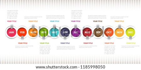 Year Planner, Timeline Infographics Template, Vector infographics timeline design template with 12 label, 12 months 1 year, Vector can be used for workflow layout, diagram, number step up options.