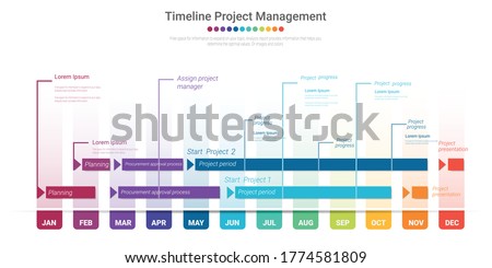 Project timeline graph for 12 months, 1 year, All month planner design and Presentation business project.