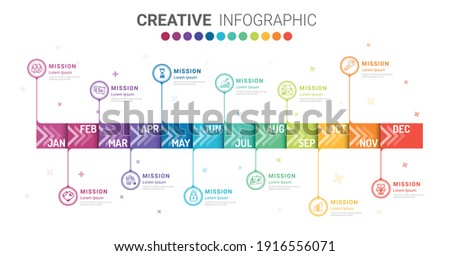 Timeline for 1 year, 12 months, infographics all month planner design and Presentation business can be used for Business concept with 12 options, steps or processes. 