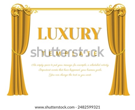 Yellow, Golden curtain with Baroque ornament. Square theater background. Artistic poster Gold royal silk decorative background. EPS vector illustration.