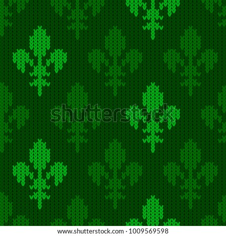 Heraldic lily on a seamless vector woolen pattern. Knitted woolen pattern with bourbon lilies. Flower-de-luce of green tones