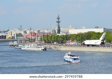 Moscow, Russia, May, 01, 2014. Russian scene: River trips near the monunent to Peter tthe Great and Krimsky Val