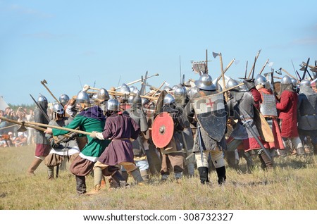 Drakino, Russia,  August, 22, 2015,  men in suits of warriors of Ancient Russia, reconstraction of the battle