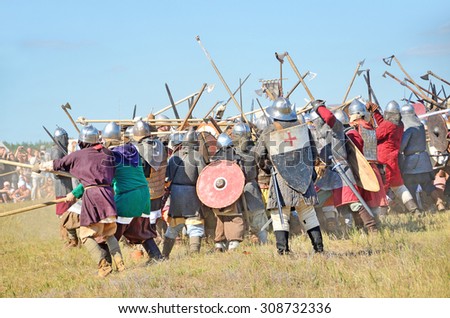 Drakino, Russia,  August, 22, 2015,  men in suits of warriors of Ancient Russia, reconstraction of the battle