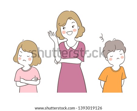 Draw vector illustration a boy and girl quarreling so angry and mother talking something.Isolated on white.Doodle cartoon style.