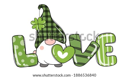 Draw vector illustration design  love St Patrick's Day with gnomes and clover leaf.Cartoon style. Stockfoto © 