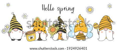 Draw vector illustration banner design bee gnomes with flower for spring and summer Cartoon style