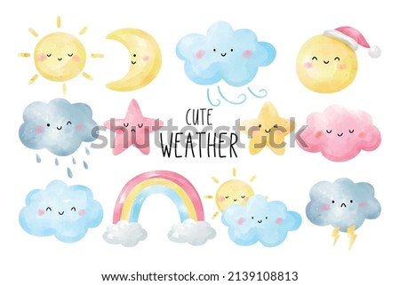 Draw vector illustration character design collection cute weather for kids Watercolor style