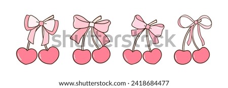 Draw vector illustration coquette cherry bows Soft girl Trendy girly Cherry heart For valentines day Doodle cartoon style
