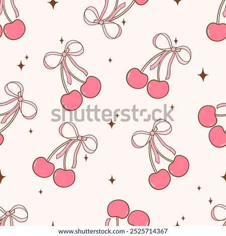 Draw seamless pattern pink coquette cherry bow Printable fabric Digital paper