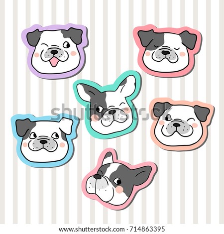 Hand draw vector collection sticker head of pug dog.Doodle cartoon style.