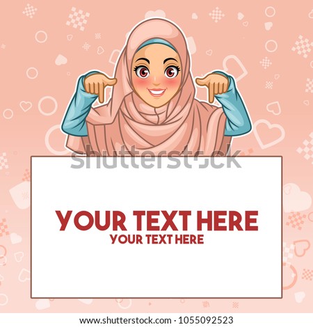 Young muslim woman wearing hijab veil pointing finger down at copy space, cartoon character design, against pink background, vector illustration.
