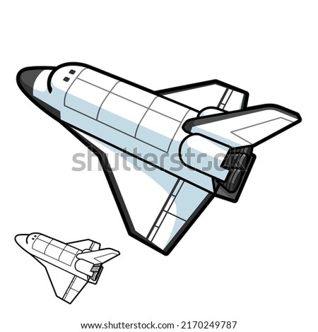 Space Shuttle Top View with Black and White Line Art Drawing, Air Transport, Vector Cartoon Illustration in Isolated White Background.