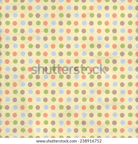 Wrinkled, Retro, Medium Polka Dot Background on Yellow with Green, Taupe, Blue, and Apricot Dots