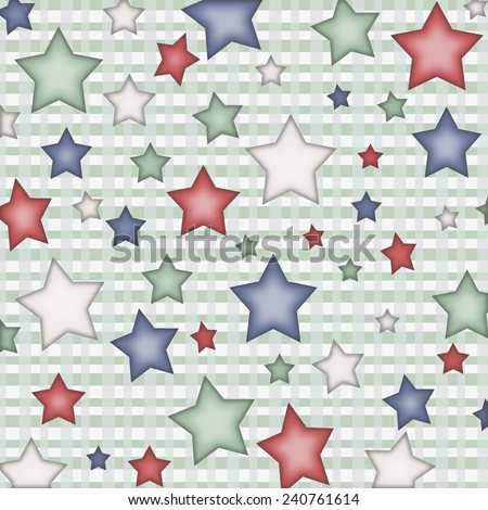 Plaid Background in Green with Red, White, Blue, and Green Stars