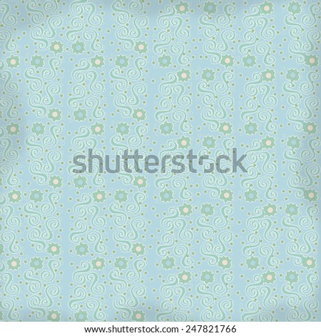 Swirl, Star Flowers, and Glowing Dot Print on Distressed, Light Teal Blue Background