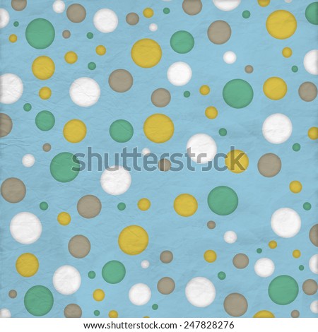 Fun Teal Green, Yellow, Brown, and White Polka Dot Spots on Teal Blue, Wrinkled, Fabric Background