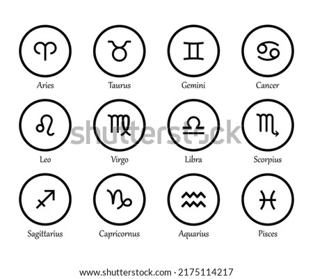 Zodiac signs set isolated on white background. Star signs for astrology horoscope. Zodiac line stylized symbols. Astrological calendar collection, horoscope constellation vector illustration