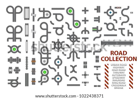 Mega collection of road junctions. Street road elements with bridge, crosswalk, ringroad, railroad, speedway, autobahn