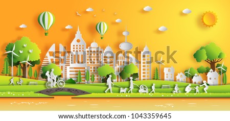 Paper art style of landscape in the city with sunset on summer, people enjoy fresh air in the park, flat-style vector illustration.