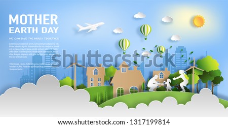 Paper art style of family enjoy fresh air in the park with baby to make first steps on grass, eco green city, world environment and earth day concept, flat-style vector illustration.