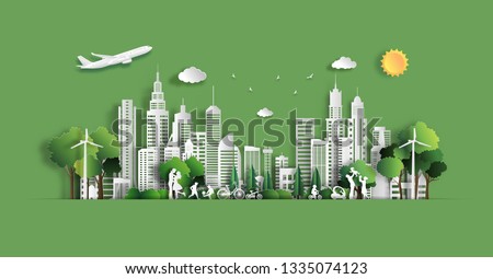 Paper art style of landscape with eco green city, people enjoy activities outdoor, save the planet and energy concept, paper cut and craft style, flat-style vector illustration.