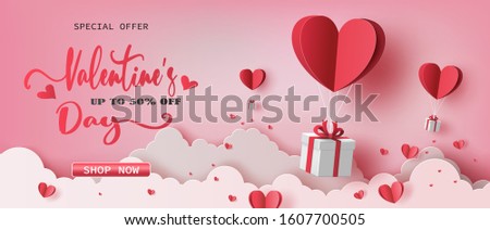 Gift boxes with heart balloon floating it the sky, Happy Valentine's Day banners, paper art style.