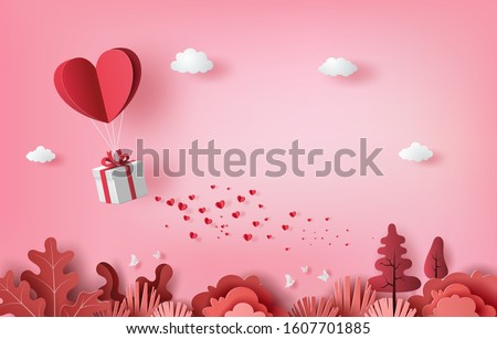 Gift box with heart balloon floating it the sky, Happy Valentine's Day banners, paper art style. ストックフォト © 